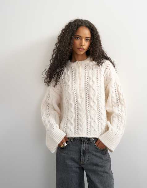 Topshop dzianinowy sweter easy z dekoltem henley i warkoczowym splotem w kolorze oat - view 1
