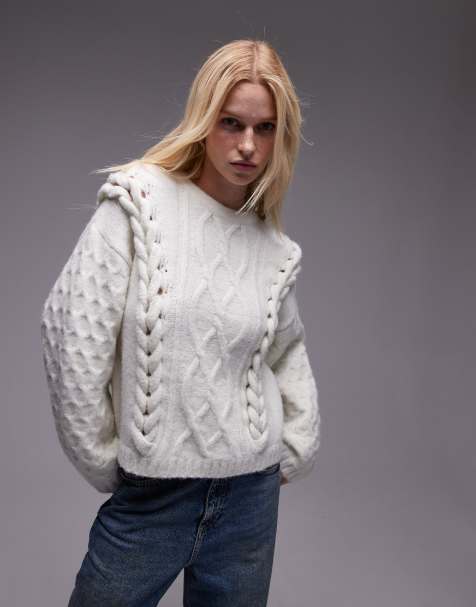 Topshop – Dzianinowy sweter w kolorze kości słoniowej o luźnym kroju z warkoczowym wzorem 3D - view 1