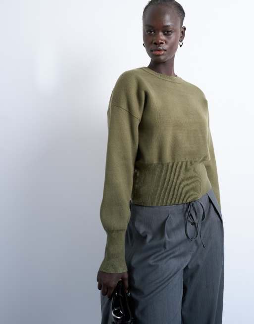 Topshop – Dzianinowy sweter z dopasowaną talią w kolorze khaki