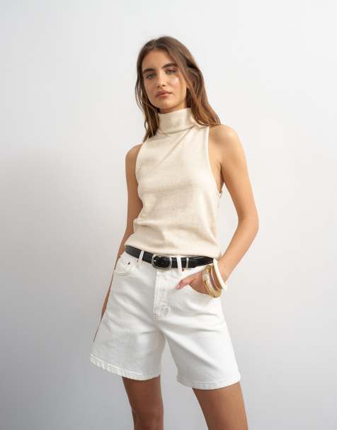 Topshop – Dzianinowy top bez rękawów z golfem i skręconym tyłem w kolorze kawy z mlekiem - view 1