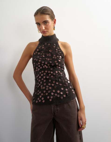 Topshop dzianinowy top z dekoltem typu halter i cekinami w kolorze czekoladowobrązowym - view 1