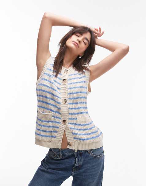 Topshop knitted open stitch button down tank top in blue and ecru stripe