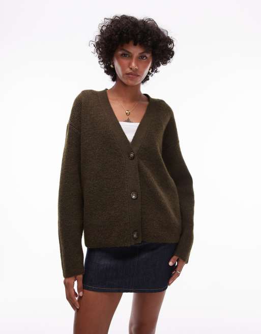 Topshop - Easy - Cardigan comodo kaki minimal in maglia a coste