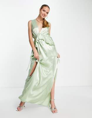 TOPSHOP BRIDESMAID RUFFLE PEPLUM MAXI DRESS IN SAGE - LGREEN