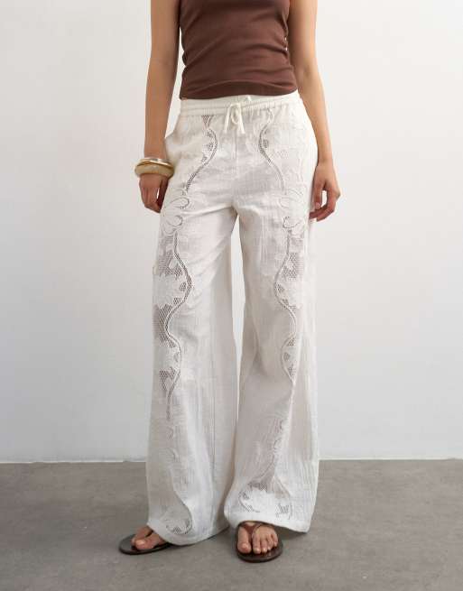 Topshop - Ecrufarvede bukser med broderier og lige ben, 3 af 5