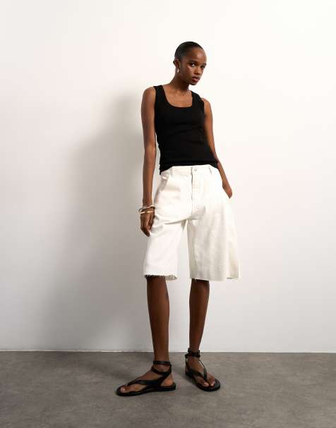 Topshop - Ecrufarvede jorts i denim med barrel-ben - view 1