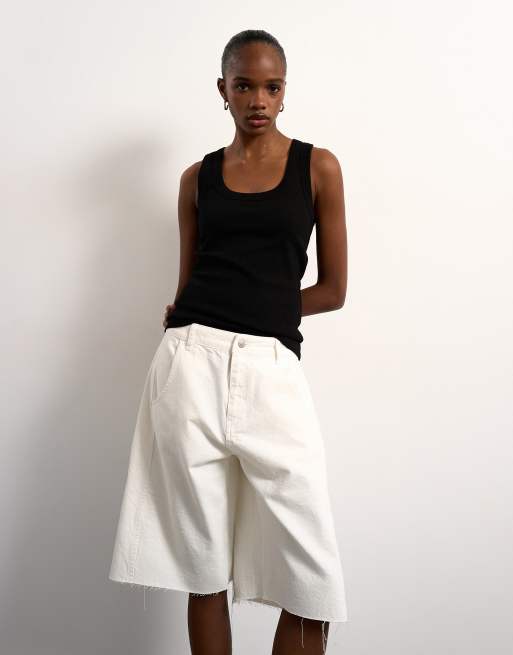 Topshop - Ecrufarvede jorts i denim med barrel-ben, 3 af 5