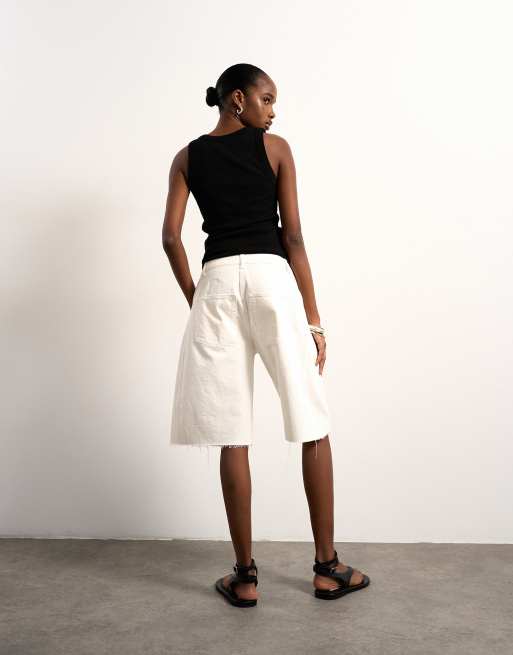 Topshop - Ecrufarvede jorts i denim med barrel-ben, 4 af 5
