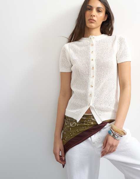 Topshop - Ecrufarvet cardigan i strik med hulmønster - view 1