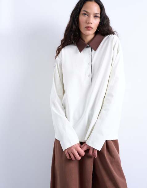 Topshop - Ecrufarvet langærmet rugbytrøje med polokrave - view 1