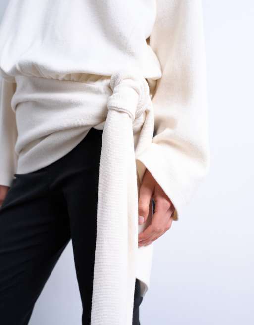 Topshop - Ecrufarvet oversized langærmet T-shirt med bindebånd i taljen og blød finish, 3 af 4