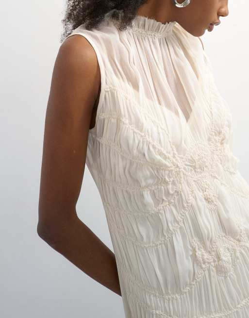 Topshop - Ecrufarvet ærmeløs maxikjole i chiffon med rynkedetaljer, 3 af 4