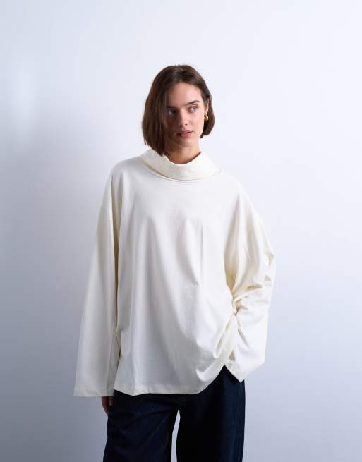 Topshop - Ecrufarvet skater-T-shirt med sømdetalje og ståkrave