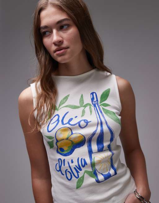 Topshop - Ecrufarvet tanktop med grafisk 'Olio'-print, 3 af 4