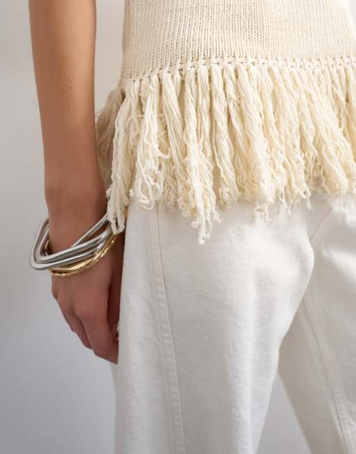 Topshop - Ecrufarvet top i strik med frynser, 3 af 4