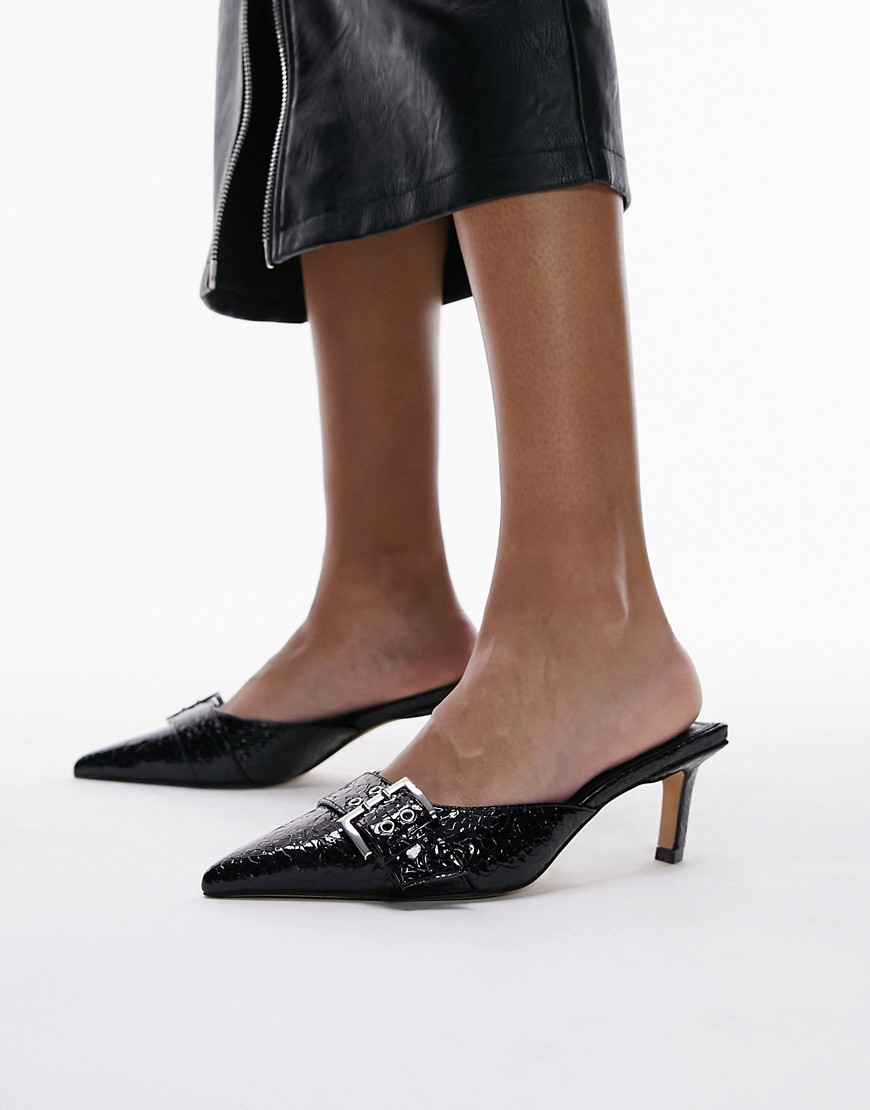 Topshop Eden buckle detail pointed mid heel court shoe in black croc