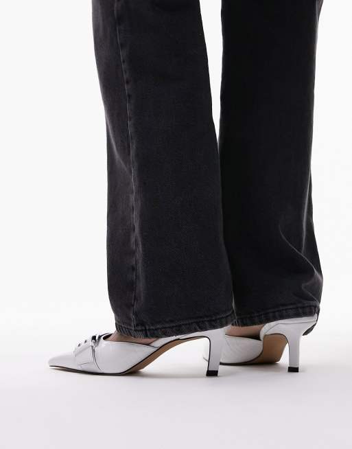Topshop Eden buckle detail pointed mid heel pumps in white croc, 3 of 4