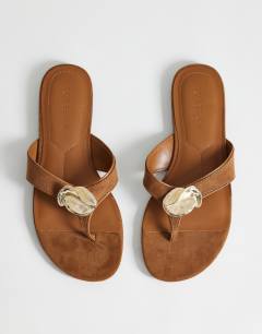 Eden toe thong sandal with hardware in tan faux suede