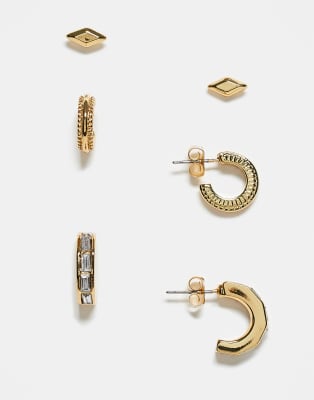 Topshop - Edith - Lot de 3 paires de créoles et boucles d'oreilles en acier inoxydable étanche - Doré