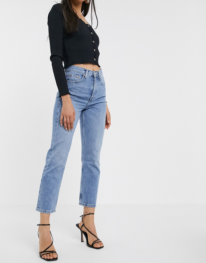 Topshop – Editor – Blekta jeans med raka ben-Blå