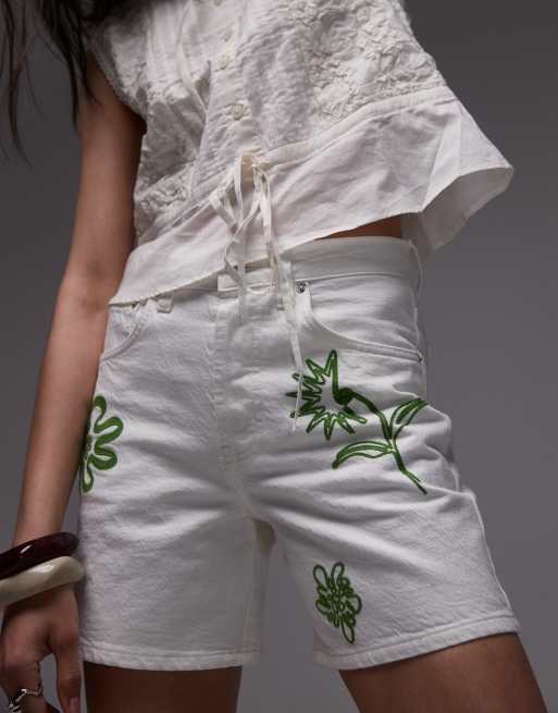 Topshop - Editor - Denim short met geborduurd motief in gebroken wit, 3 van 5