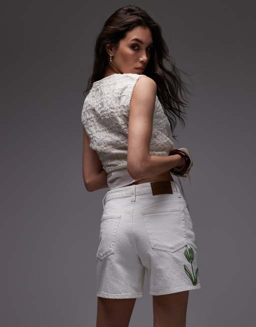 Topshop - Editor - Denim short met geborduurd motief in gebroken wit, 4 van 5