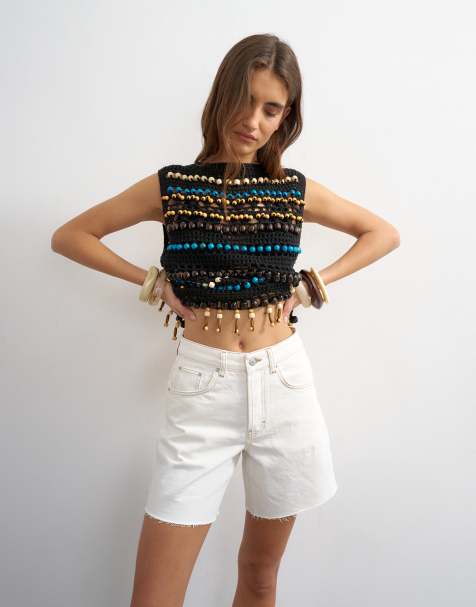 Topshop - Editor - Denim short met onafgewerkte zoom in beenwit - view 1