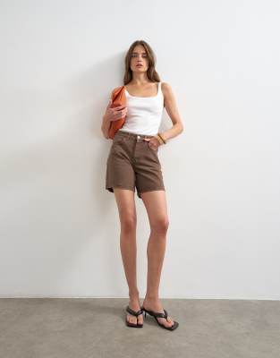 Topshop Editor Denim Shorts In Brown