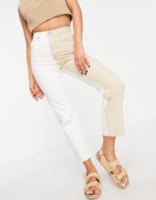 Topshop - Editor - Jeans in Sand mit Farbblockdesign-Neutral