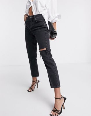 Topshop – Editor – Jeans mit Oberschenkel-Riss in verwaschenem Schwarz