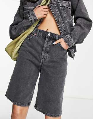 Topshop Editor Longline Denim Short In Washed Black In Black