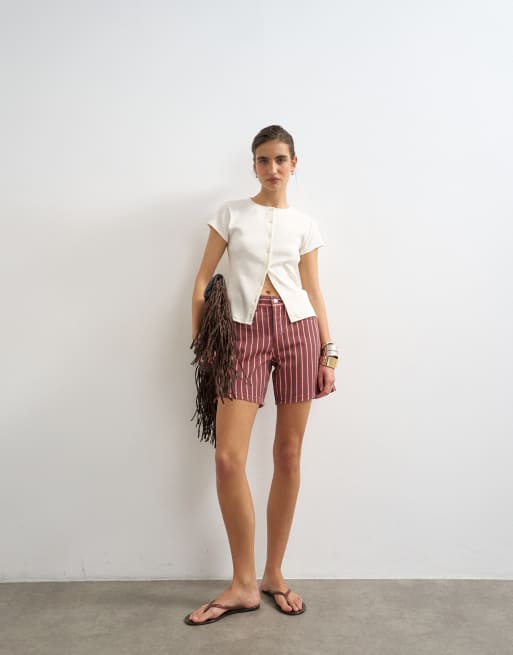 Topshop - Editor - Short en jean à rayures - Rouge et rose, 3 de 5