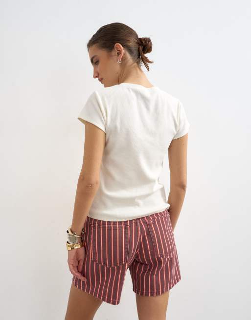 Topshop - Editor - Short en jean à rayures - Rouge et rose, 4 de 5