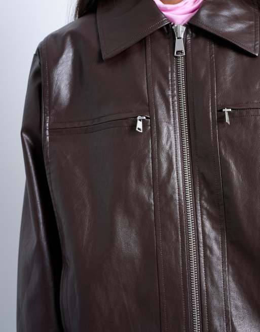 Topshop - Effen jack van imitatieleer met rits in diep bordeauxrood, 3 van 4