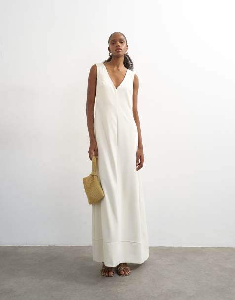 Topshop - Effen maxi jurk met V-hals, lage armsgaten en brede zoom in gebroken wit - view 1