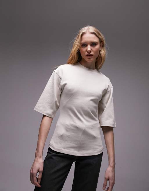 Topshop - Effen top met korte mouwen in jaren 80-stijl in stone
