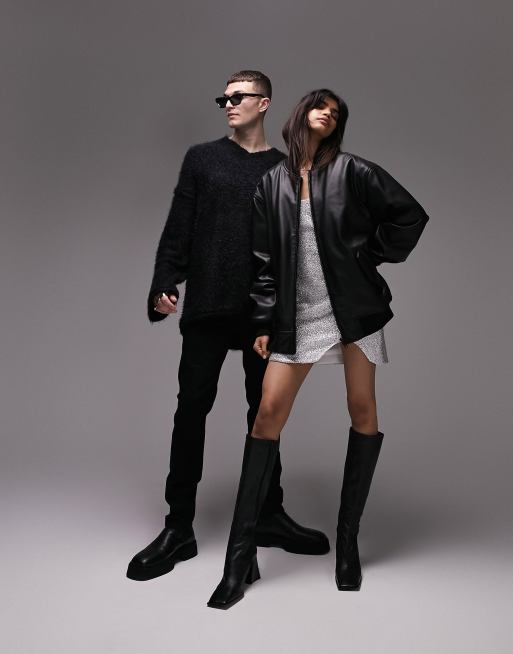 Topshop - Ekstremt oversized bomber-jakke i sort imiteret læder