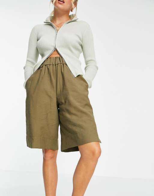Topshop elastic back bermuda shorts in khaki