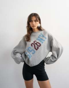 Model wearing Elastic hem 'NY' graphic print sweat in grey