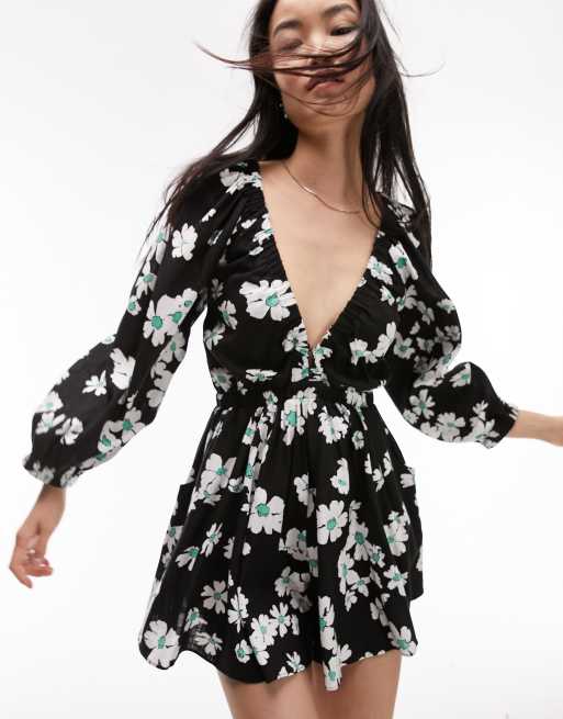 Topshop elasticated channel long sleeve romper in multi floral