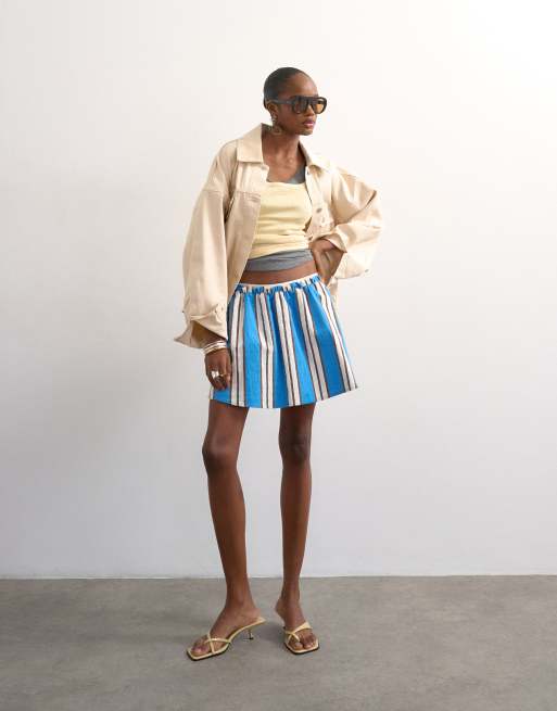 Topshop elasticated mini skirt in sporty blue stripe, 4 of 5