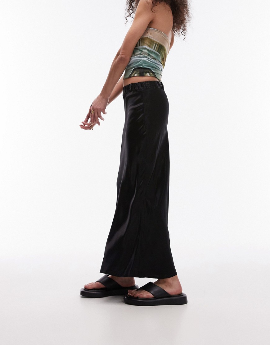 Topshop elasticated waist bias midi skirt in black