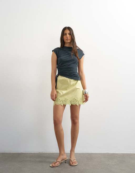 Topshop elasticated waist lace petticoat mini skirt in chartreuse, 3 of 5