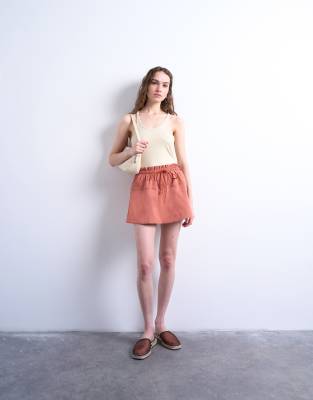 Topshop Elasticated Waist Mini Skort In Brown