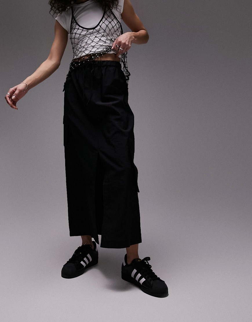 Topshop elasticated waist nylon midi skirt with pockets in black