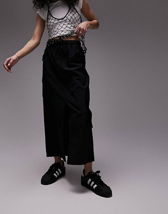 Topshop - elasticated waist nylon midi skirt with pockets in black