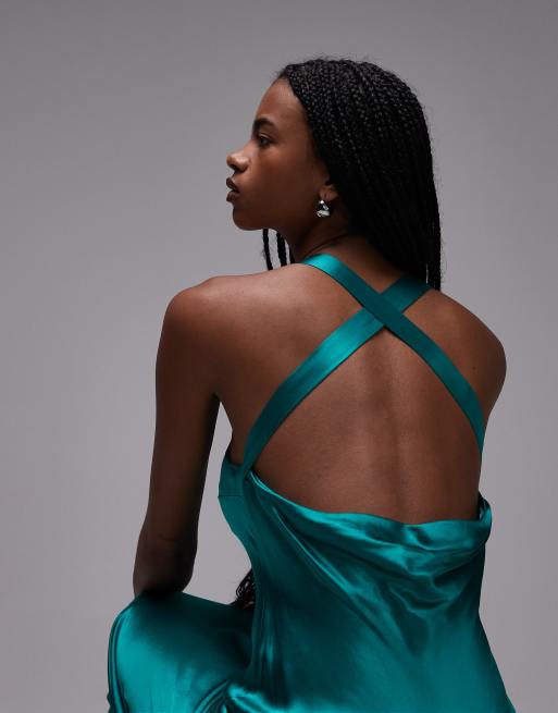 Topshop – Elblå klänning med brottarringning och sänkt drapering baktill, 3 av 4
