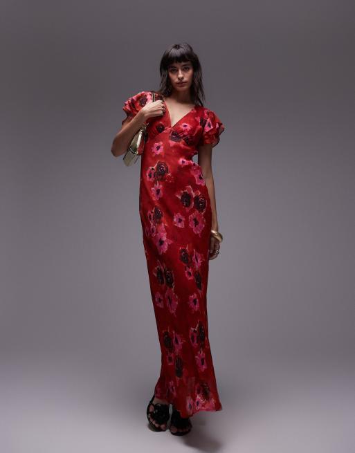 Topshop – Elegancka sukienka ze zwiewnymi rękawami i różowym rozmazanym wzorem w kwiaty