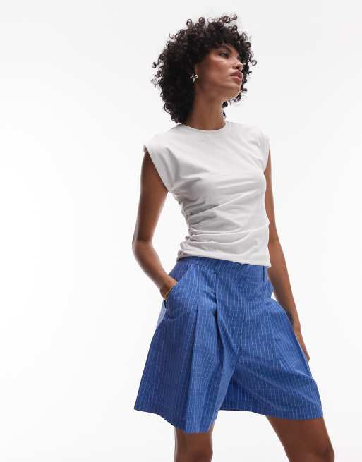 Topshop – Eleganckie długie szorty w kratę w niebieskim kolorze, część zestawu