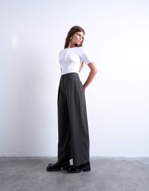 Topshop - Elegante broek met wijde pijpen en krijtstrepen in antracietgrijs, deel van co-ord set - view 1